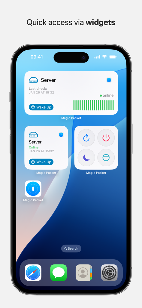 Magic Packet - Wake On Lan - Magic Packet app interactive widgets on an iPhone home screen for server control and status monitoring