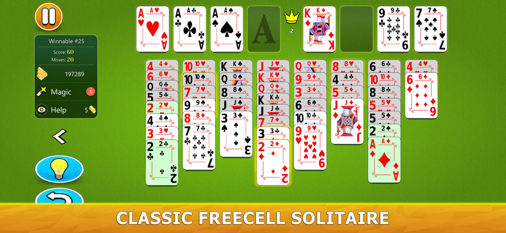 FreeCell Solitaire Mobile - Diseño clásico del juego FreeCell Solitario en modo horizontal sobre un fondo verde