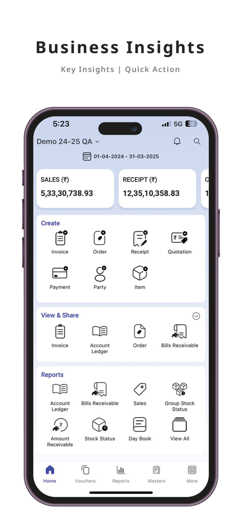 Busy: GST Billing & Accounting - Busy Accounting mobile app home screen showing financial dashboard with sales and receipts data plus quick action icons for invoices and reports