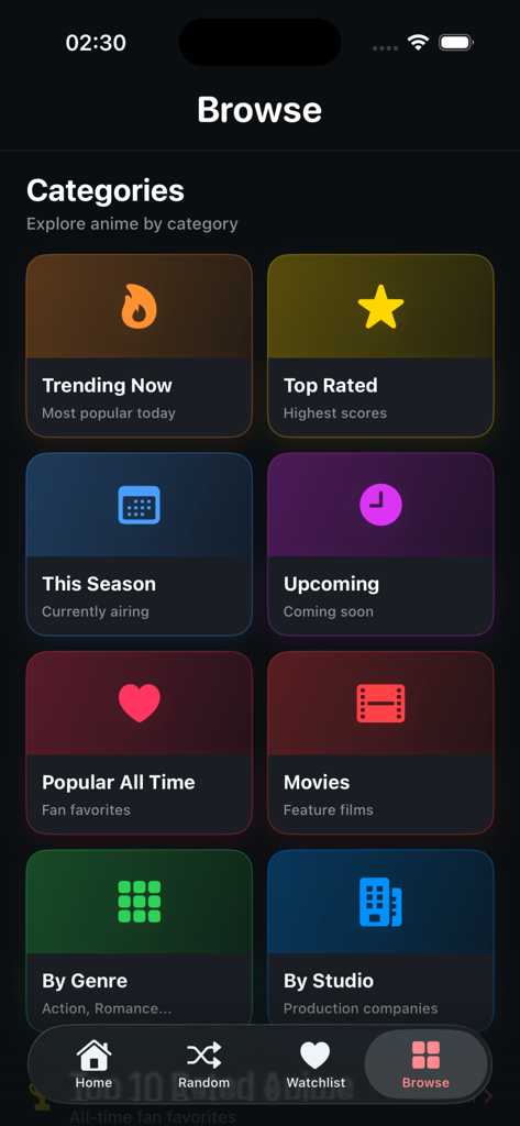 AnimePlanet : Watch Anime - L'écran de navigation de l'application AnimePlanet affichant une grille de catégories de découverte d'anime comme Tendances Actuelles, Meilleures Notes, et Cette Saison en mode sombre.