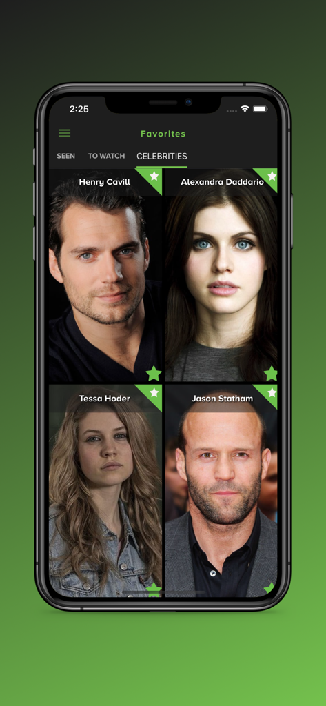123Play Pro - A mobile screen showing favorited celebrity actors in the 123Play Pro app.