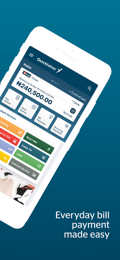 Quickteller -Payments & Wallet - Quickteller app dashboard showing wallet balance and bill payment options