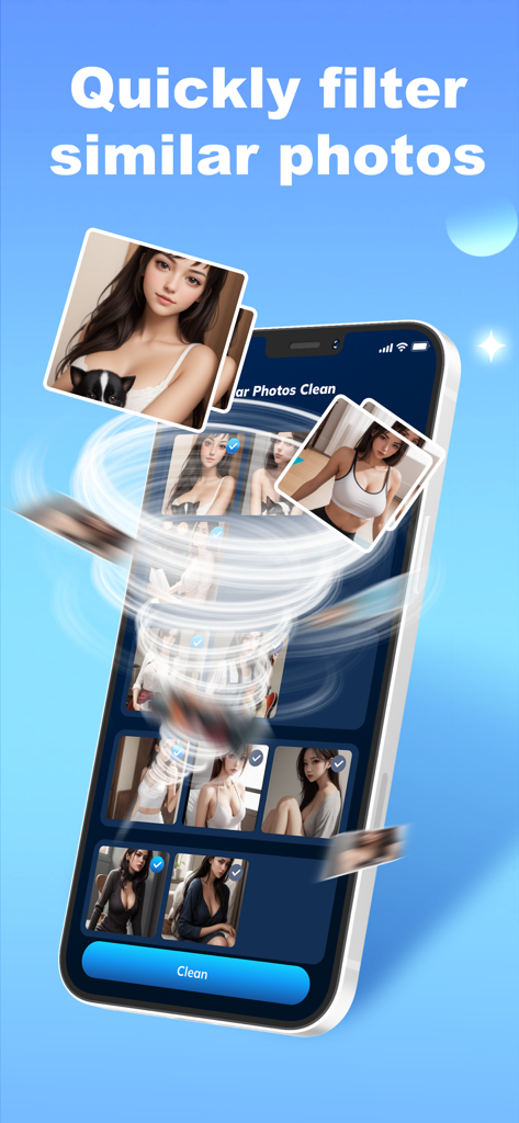 Daily Cleaner - Daily Cleaner mobile app interface demonstrating how to quickly filter and delete similar photos to free up storage