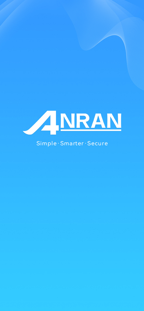 Pantalla de bienvenida de la aplicación de seguridad ANRAN con el logotipo de la empresa y el lema Simple Smarter Secure sobre un fondo azul