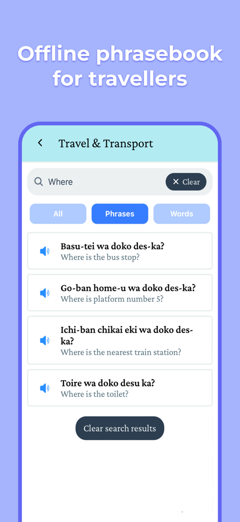 Interface of the Dango app showing an offline Japanese phrasebook for travel and transport