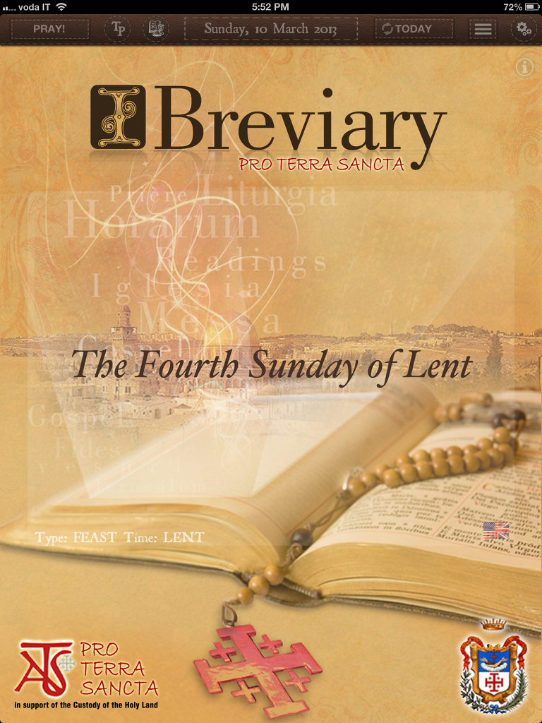 Home screen of the iBreviary Pro Terra Sancta HD app featuring the Fourth Sunday of Lent liturgy with an open book and rosary.