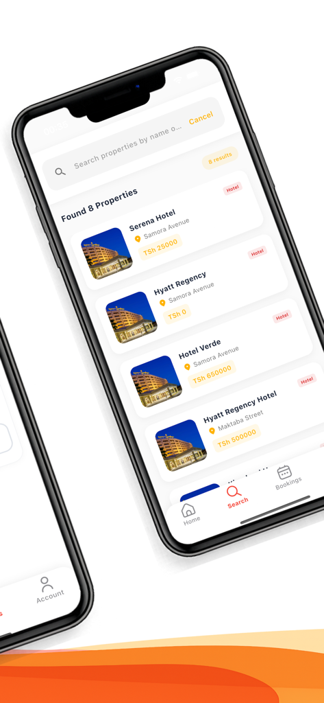 価格と場所とともにタンザニアの様々なホテルのオプションを表示するテンポ・アフリカアプリの検索結果