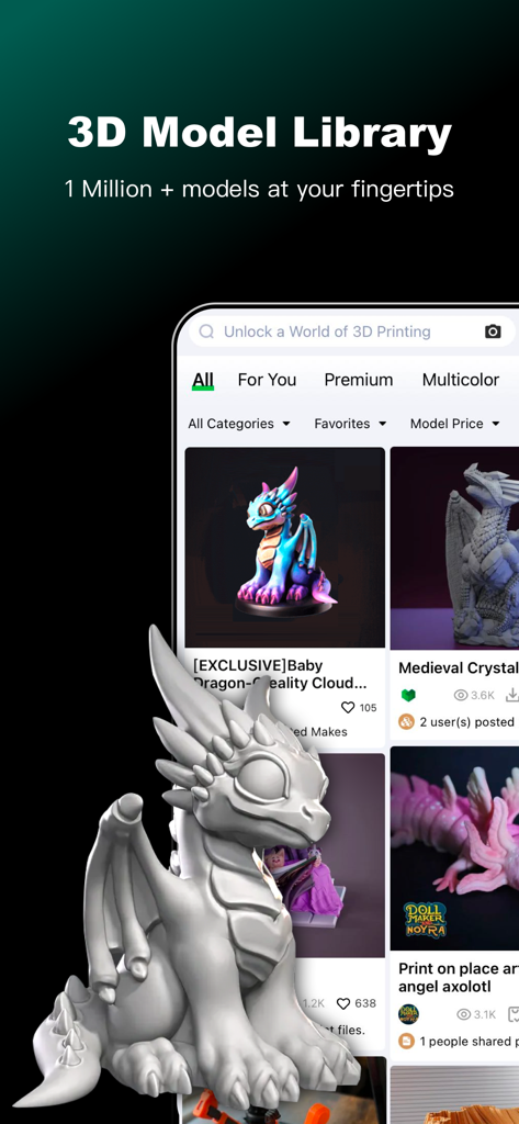 Interfaccia dell'app Creality Cloud che mostra una libreria di modelli 3D per la stampa, incluso un design di drago per bambini