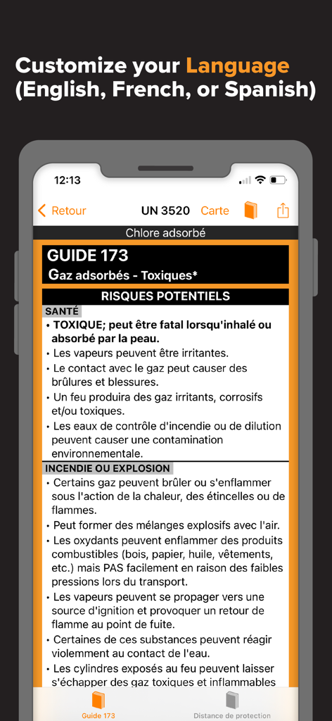 ERG for iOS - ERG for iOS app interface showing hazardous materials safety guide in French