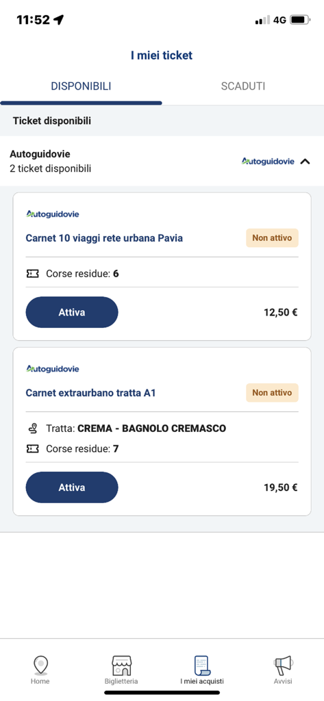Autoguidovie - Mobile screen of the Autoguidovie app showing available bus tickets and travel passes for Pavia and Crema.