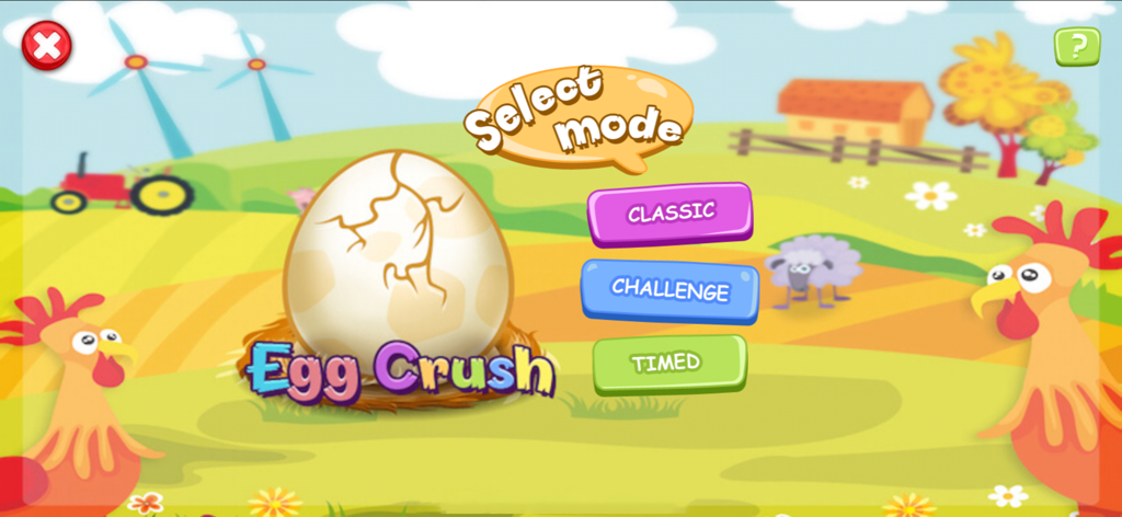 농장 배경에 클래식 챌린지 및 타임 모드 옵션이 있는 Egg Crush 게임 모드 선택 화면