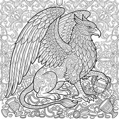 Dive into a world of fantasy with this stunning golden griffin, depicted guarding a glistening treasure hoard. This intricate adult coloring page provides a detailed and engaging artistic challenge for seasoned colorists.