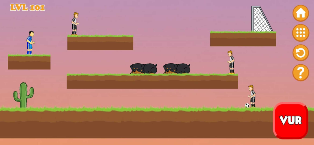 Soccer Moccer - Gameplay screenshot of Soccer Moccer level 101 featuring soccer players and obstacles on platforms