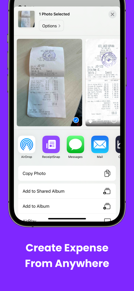 Smart Receipts Receipt Tracker - iPhone-Bildschirm, der zeigt, wie ein Belegfoto über die iOS-Freigabefunktion an die Smart Receipts-App geteilt wird.