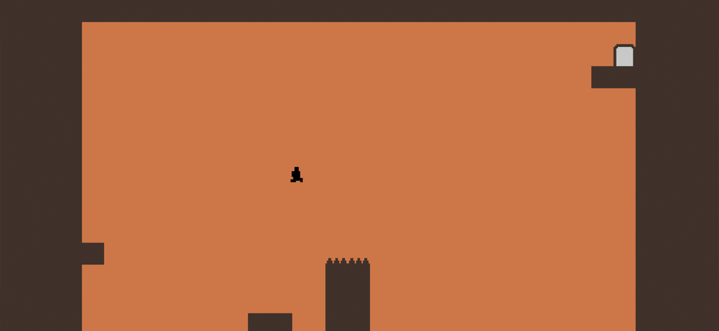 Level Devil - NOT A Troll Game - Jugabilidad minimalista de plataformas en Level Devil que muestra a un personaje negro saltando sobre púas hacia una puerta de salida