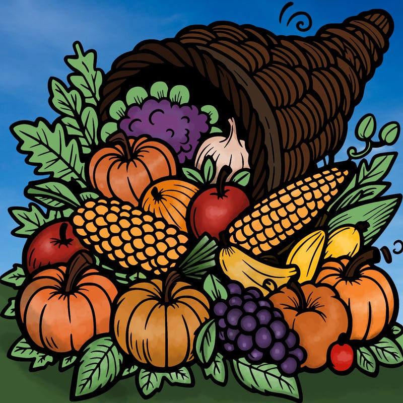a cornucopia spilling out autumn fruit%2c vegetable
