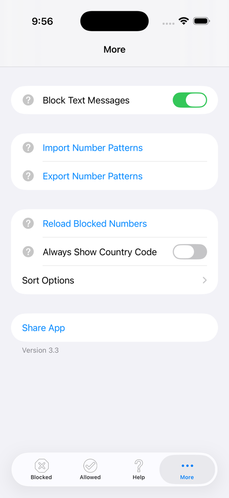 Number Shield - Página de configuración adicional de la aplicación Number Shield que muestra el bloqueo de mensajes de texto y las herramientas de importación de patrones
