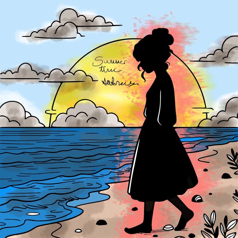 summer sunset with realistic tall woman walking sad