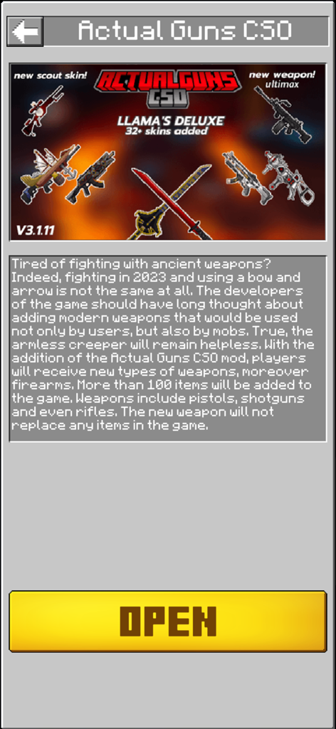 Gun Addons Skins for Minecraft - Vista previa del mod Actual Guns CSO para Minecraft con skins de armas de fuego y descripciones de armas tácticas