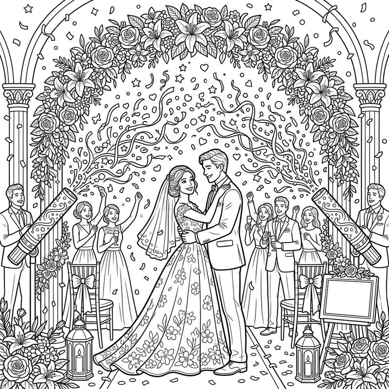 Immerse yourself in the joy of a wedding celebration with this intricate coloring page. Featuring a happy couple, cheering guests, and celebratory confetti cannons, it's perfect for capturing romantic moments.