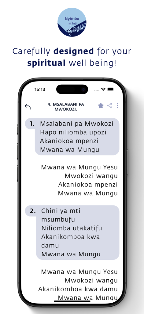 Nyimbo za Injili (MPYA) - A mobile screen showing Swahili Christian hymn lyrics for Msalabani pa Mwokozi.