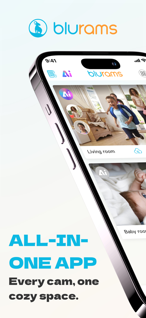Blurams app interface showing home security camera feeds for the living room and baby room.