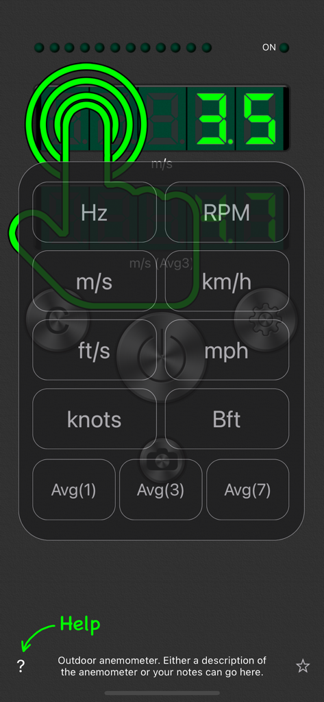 DIY Anemometer app interface showing measurement units and averaging settings for wind speed monitoring