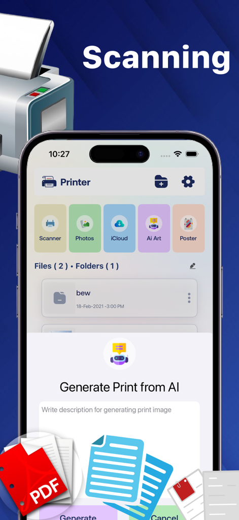 Printer App:Smart Print & Scan - Interface d'une application d'impression intelligente affichant les options de numérisation de documents et de génération d'images IA