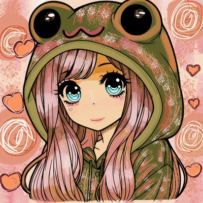 a pretty girl wearing a frog hoodie portrait with long hair