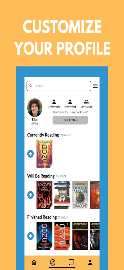BookBase - A mobile app screen for BookBase showing a user profile with reading lists for currently reading, will be reading, and finished books.