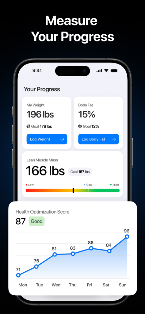 PrimeFit - Nutrition For Men - PrimeFit app screen showing weight body fat lean muscle mass and health optimization score tracking
