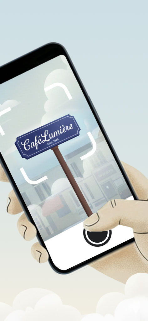 Font Finder: AI Identifier - A person holding a smartphone using the Font Finder app to scan and identify the typeface on a cafe sign.