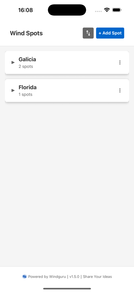 Panel principal de la aplicación Windguru Spots que muestra grupos de lugares de viento para Galicia y Florida