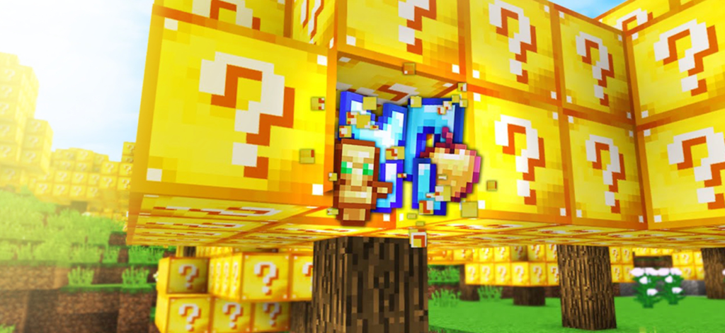 마인크래프트 PE의 장면으로, 흰색 물음표가 있는 노란색 럭키 블록과 마법이 부여된 사과 및 불사의 토템과 같은 전리품 아이템이 특징입니다.