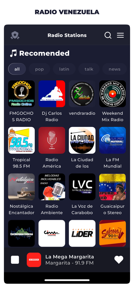 Radio Venezuela Live Online FM - Mobile app interface of Radio Venezuela showing recommended radio stations and genre filters like pop and latin.