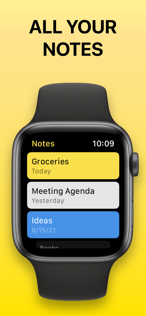 Notes for Apple Watch - Pantalla de Apple Watch mostrando una lista codificada por colores de notas.