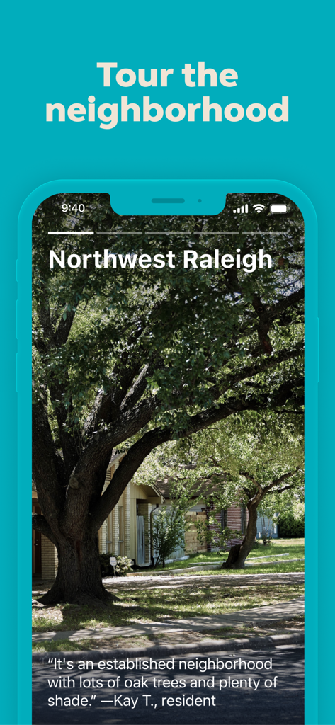 Trulia Real Estate & Rentals - Trulia app interface showing a neighborhood tour of Northwest Raleigh with a local resident review