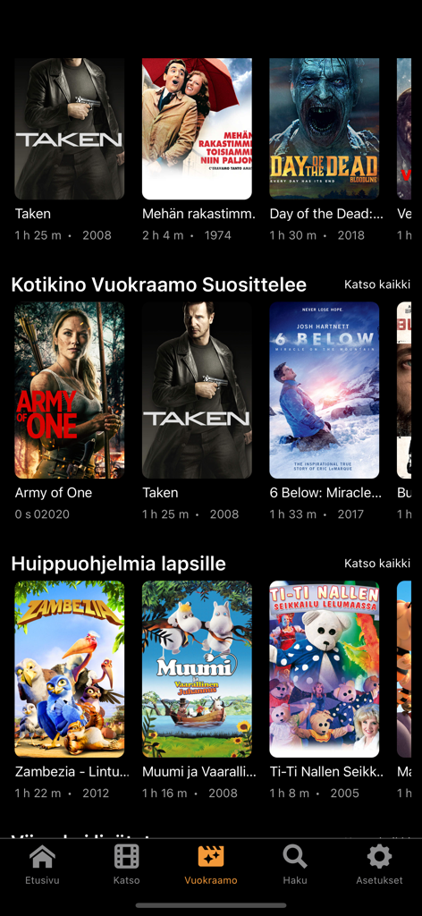 Kotikino - A mobile interface for the Kotikino streaming app showing various movie categories including international action films and Finnish children's programs like Moomin.