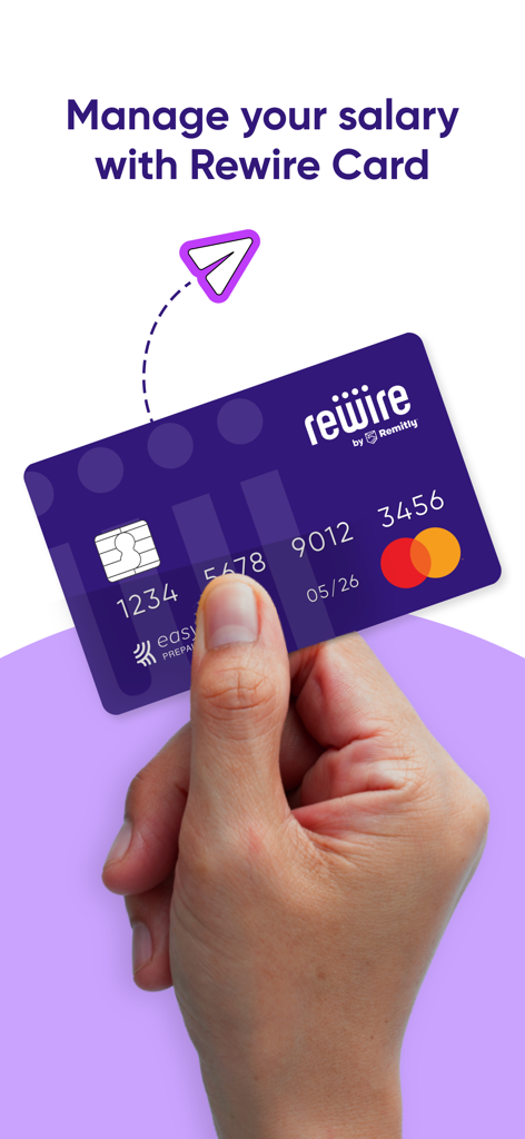 A hand holding a purple Rewire by Remitly Mastercard for managing salary and international money transfers