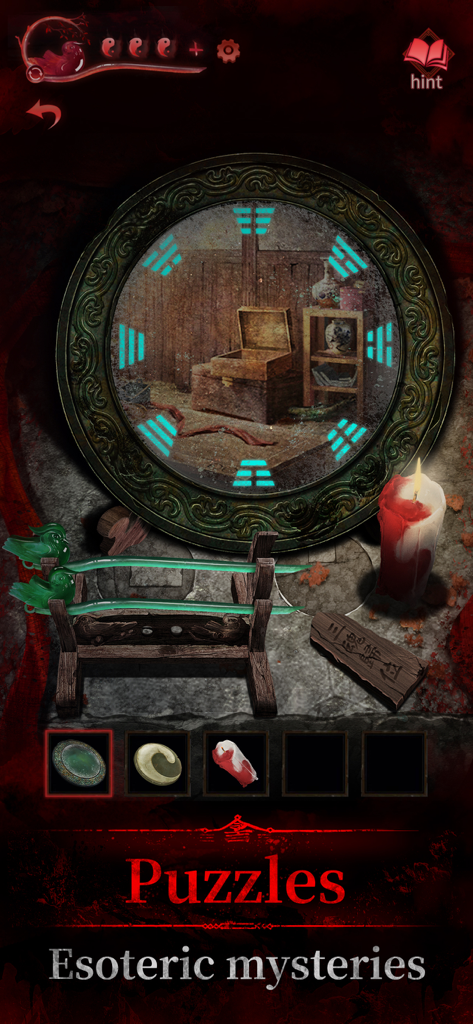 Esoteric mystery puzzle in Paper Bride 3 showing an ancient mirror with glowing symbols and a candle