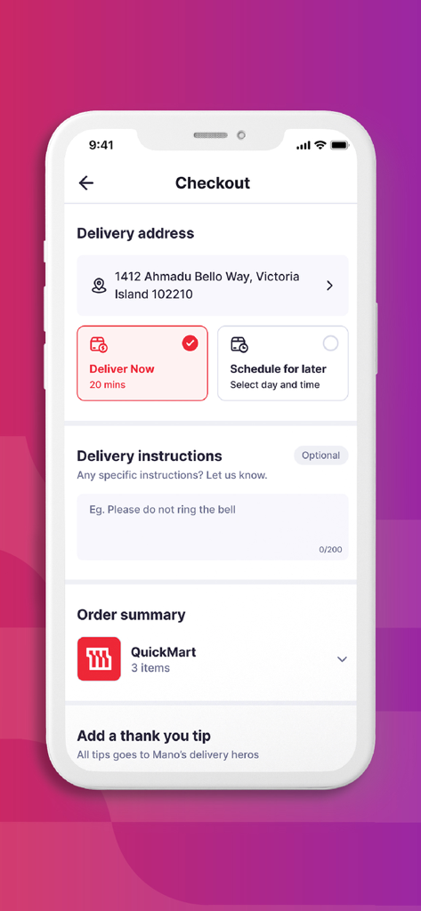 MANO food & products delivery - La pantalla de pago de la aplicación MANO que muestra la dirección de entrega y las opciones de tiempo para la entrega de alimentos y comestibles.