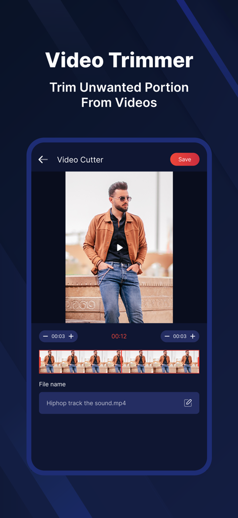 MP3 Converter & MP3 Cutter - Mobile app screen showing the video trimmer interface for cutting unwanted video segments