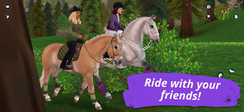 Star Stable Online: Horse Game - Zwei Spielerinnen reiten gemeinsam mit Pferden durch einen Wald in Star Stable Online
