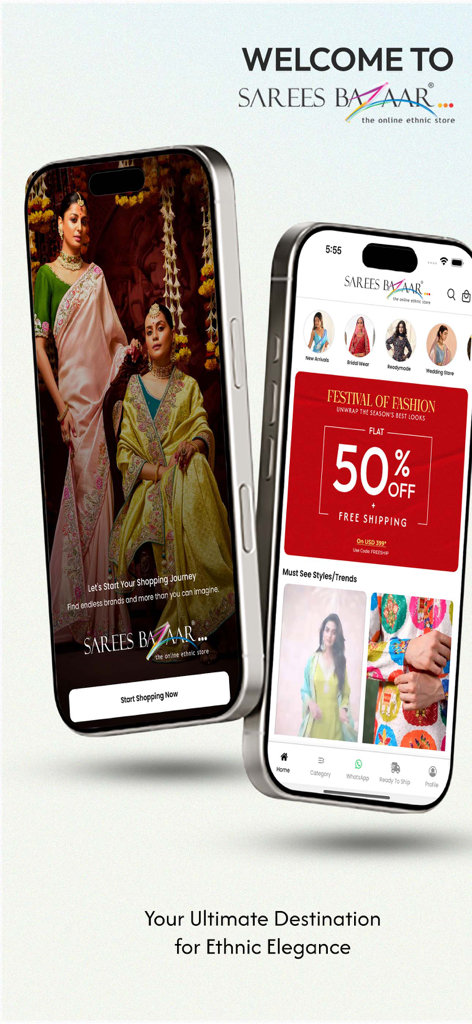 Sarees Bazaar - Ethnic Store - Two mobile phones showing the Sarees Bazaar app interface with Indian ethnic wear and a 50 percent off discount banner.