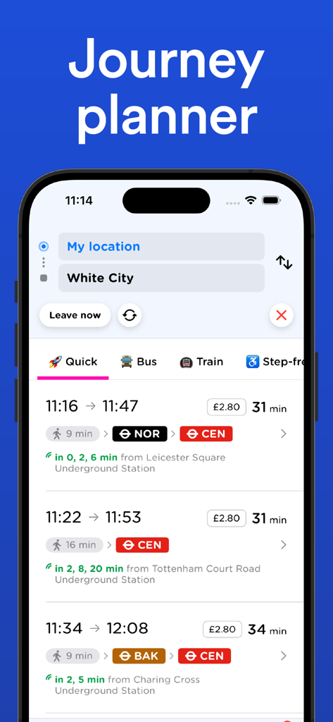 London Transport: Live TFL - London Transport app journey planner screen showing route options and travel times