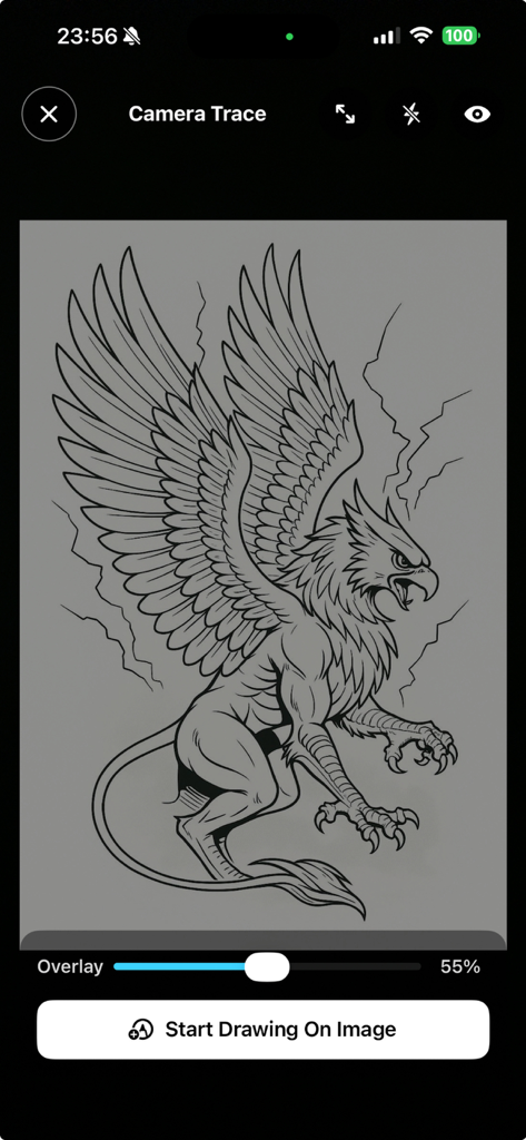 AR Drawing _ Draw Sketch App - Interface de l'application AR Drawing montrant un croquis de griffon mythique avec un curseur de superposition de transparence pour le traçage à la caméra