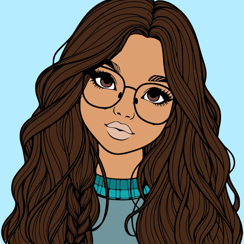 girl with long hair and freckles and glasses realistic