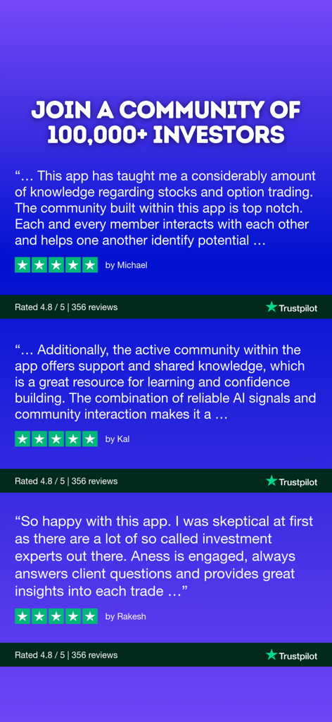 Stocks To Buy Now : AI Signals - Trustpilot user reviews and testimonials for the Stocks To Buy Now AI investment community showing a 4.8 star rating.