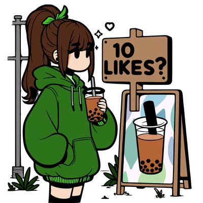 girl with oversized hoodie drinking boba and she has a high ponytail with a sign that says 10likes?