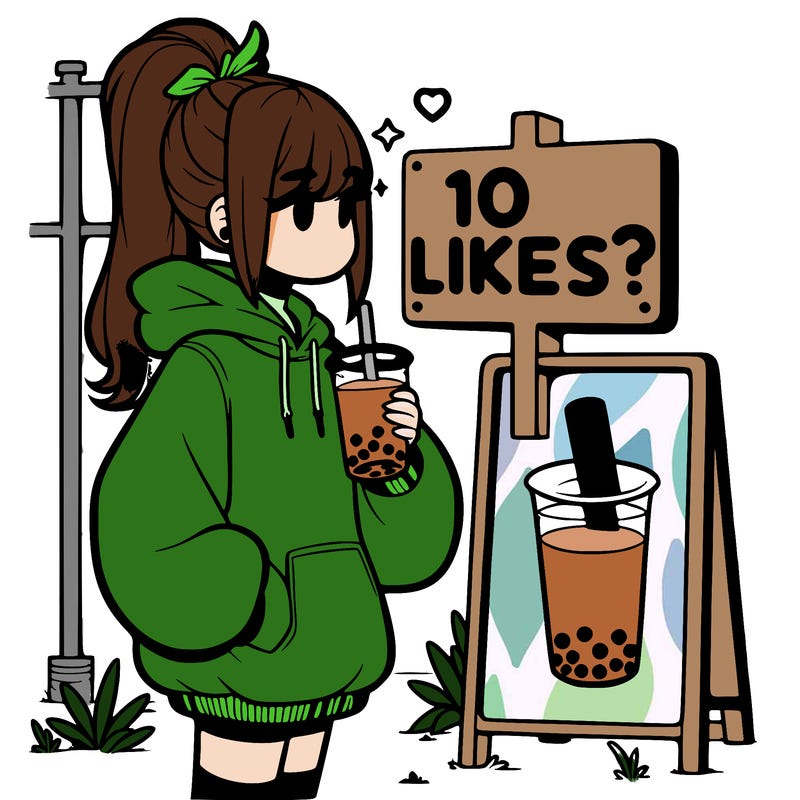girl with oversized hoodie drinking boba and she has a high ponytail with a sign that says 10likes?
